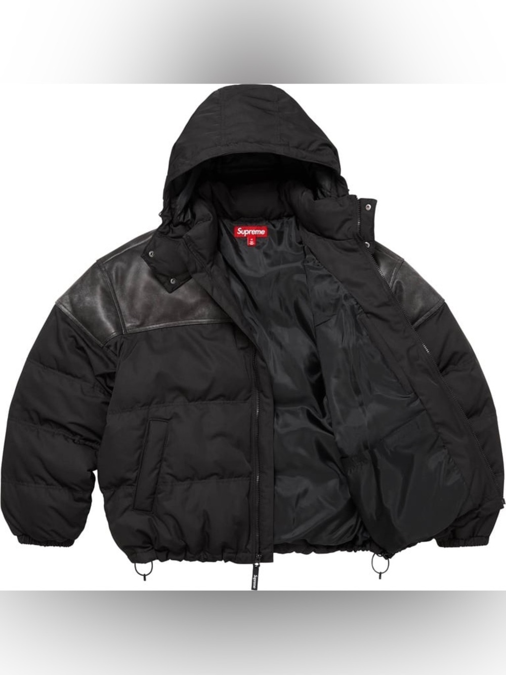 Supreme Leather Yoke Puffer Jacket Black FW25 Size XL Embossed Logo Insulated